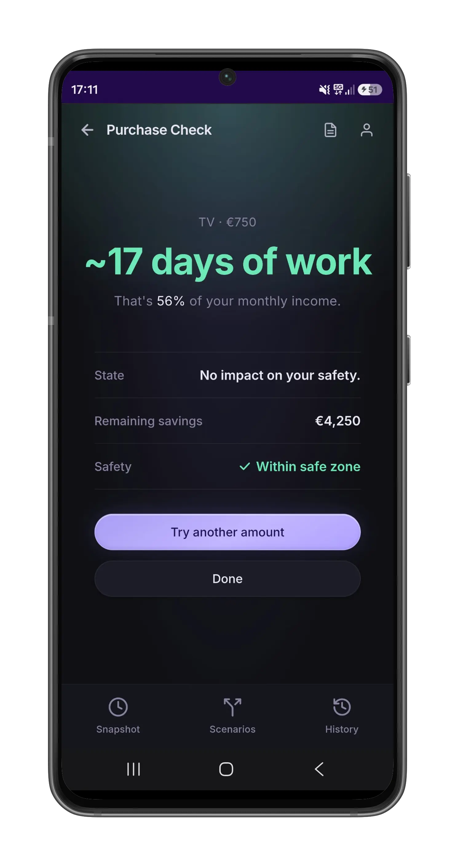 Easeful Purchase Check screen showing a purchase amount and how many days of work it costs